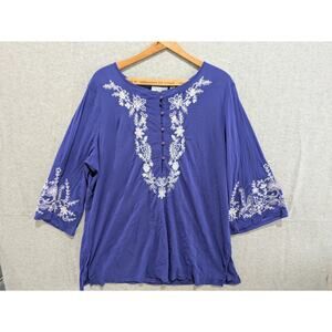 Susan Graver Top‎ Women Plus 1X Purple Liquid Knit Floral Embroider Tunic Blouse